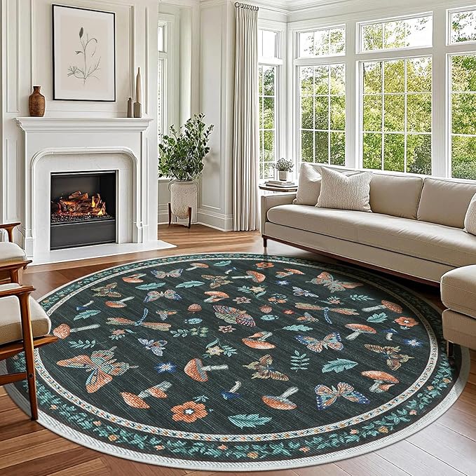 Mushroom Insect 6ft Round Rug Washable Non-Slip Soft Ultra-Thin Boho Circle Carpet for Living Room Bedroom Kitchen Nursery Dining Room Black