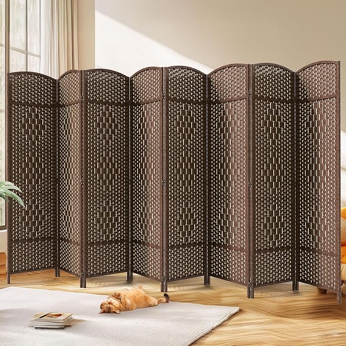 JOSTYLE 6ft. Tall Extra Wide Folding Privacy Screens with Diamond Double-Weave and Freestanding Room Dividers (Brown, 8-Panel)
