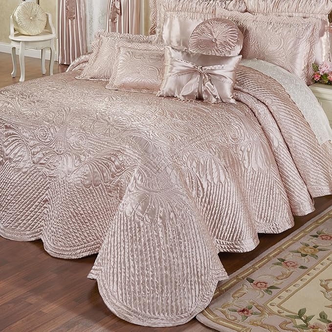 Touch of Class Portia Luxury Bedding | Posh Rose Quartz | Premier Quilted Polyester Satin | Romantic Hand Guided Machine Quilted Scroll Design 3 Piece Set with Queen Bedspread and 2 Standard Shams