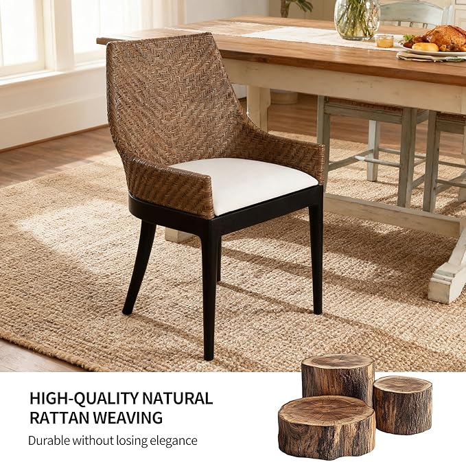 DUHOME Natural Rattan Accent Chair, Tropical Coastal Herringbone Weave Solid Wood Frame Armchair with Cream Upholstered Cushion & Black Tapered Legs, Ergonomic Comfort for Living Room Reading Nook