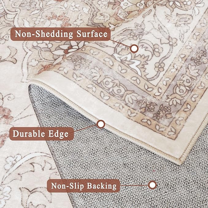 vivorug Beige Runner Rug 2x10 Machine Washable Rug with Non-Slip Backing, Ideal for Kitchen Hallway Entryway Laundry Room - Vintage, Durable, Easy Clean, Low Pile Carpet Runner