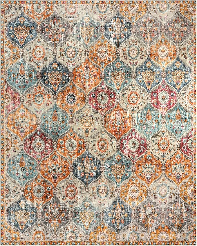 Lahome Moroccan Washable Area Rugs 9x12 Living Room, Soft 9x12 Area Rug for Bedroom, Oriental Non-Slip Non Shedding Throw Large Carpet for Dining Room Office, Cream/Multi