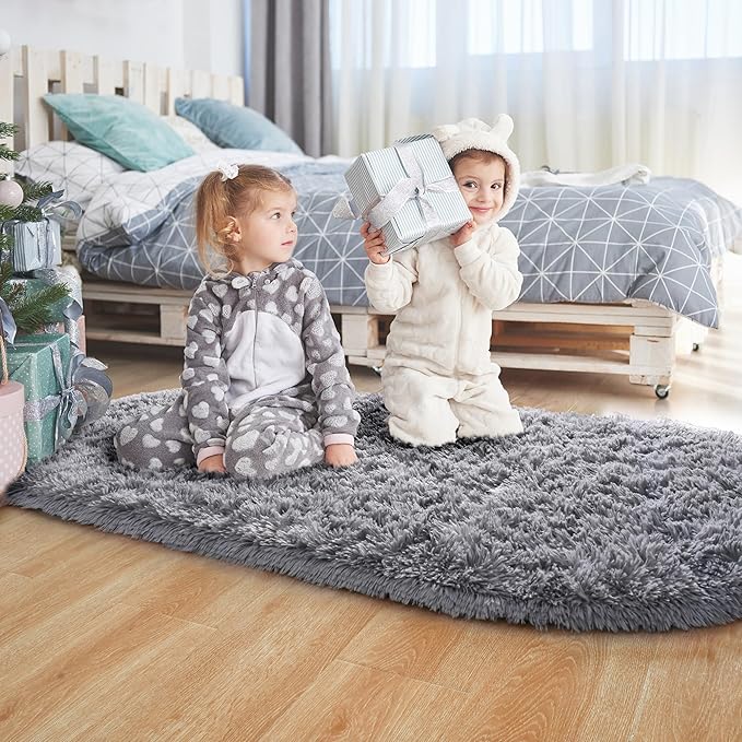 Noahas Fluffy Grey Rugs for Bedroom Living Room,2'X5' Oval Throw Rug for Kids Room,Shag Hallway Runner Rug,Small Soft Shaggy Bedside Non-Slip Plush Nursery Dorm Carpet Home Decor Aesthetic