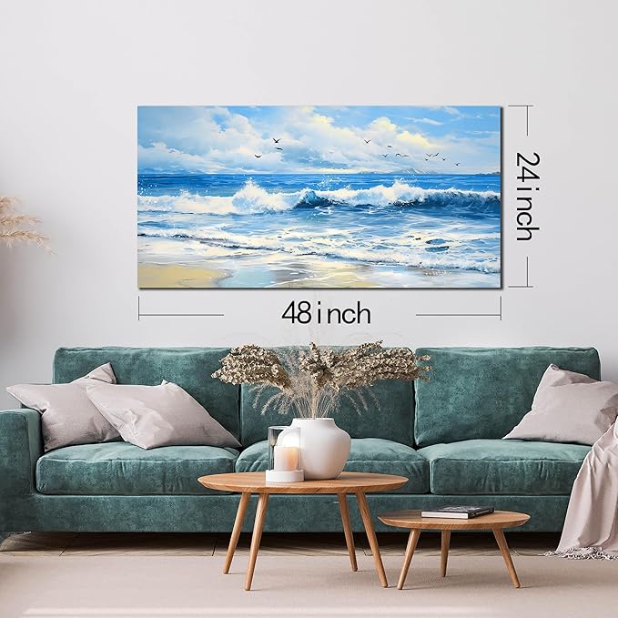 ENTANUB Ocean Wall Art for Bedroom, Sea Wave Wall-Decor for Living Room, Blue Picture Print, Size 48x24 Inches