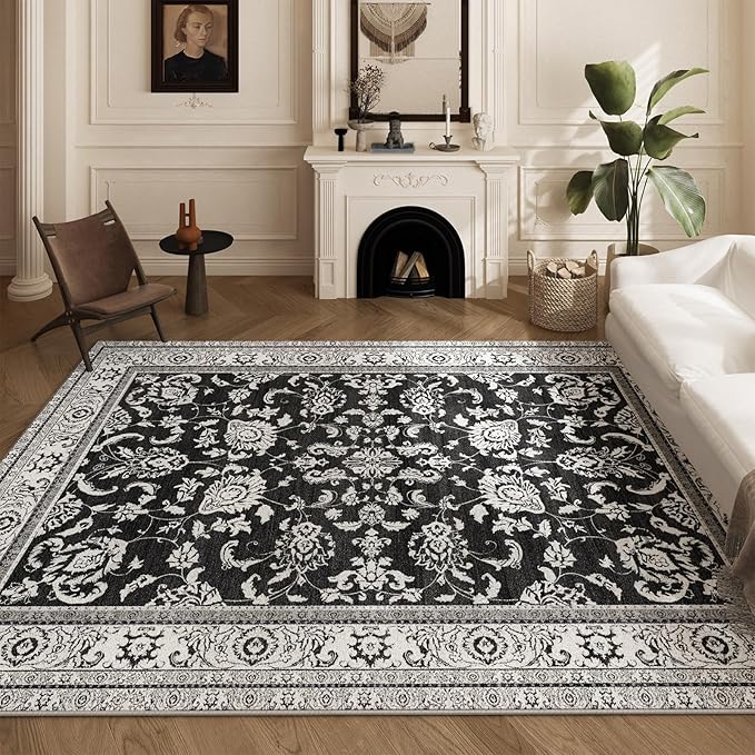 Area Rugs 5x7 Machine Washable Floral Rug Non Silp Faux Wool Vintage Soft Black Carpet for Living Room Dinning Room Bedroom Rug Under Bed Floor | Black White