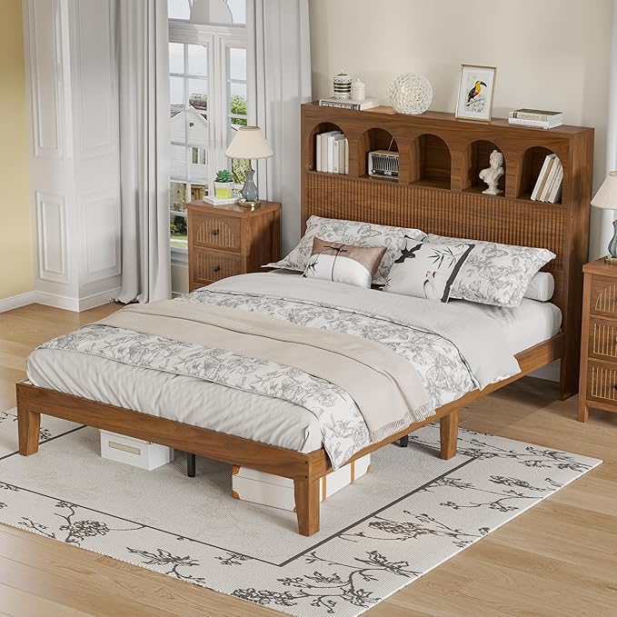 Queen Bed Frame with Storage Headboard 5 Arched Storage Compartments, 12.4 Inch Farmhouse Wooden Queen Bed Frame, No Box Spring Needed, No Noise (Walnut)