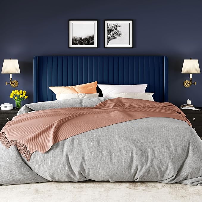 Allewie King Size Velvet Bed Frame/Vertical Channel Tufted Wingback Headboard/Upholstered Platform Bed/Strong Wooden Slats/No Box Spring Needed/Easy Assembly/Blue