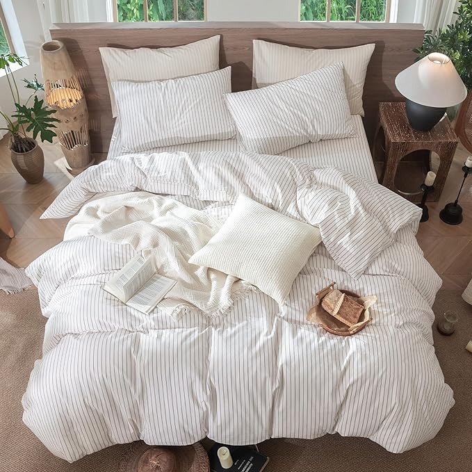 MooMee Striped Duvet Cover Set 100% Washed Cotton Linen Like Textured Breathable Durable Soft Comfy (White Orange Wide Stripes, Palatial King/Oversized King 120"x98")