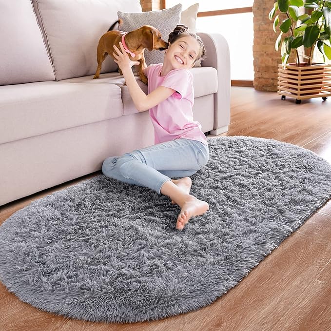 Noahas Fluffy Grey Rugs for Bedroom Living Room,2'X5' Oval Throw Rug for Kids Room,Shag Hallway Runner Rug,Small Soft Shaggy Bedside Non-Slip Plush Nursery Dorm Carpet Home Decor Aesthetic