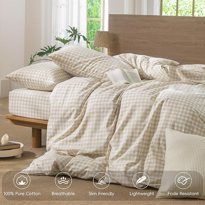 MooMee Gingham Duvet Cover Set 100% Washed Cotton Linen Like Textured Breathable Durable Soft Comfy Modern Checkered Design (Almond Milk Grey Gingham, Oversized Queen 98"x98")