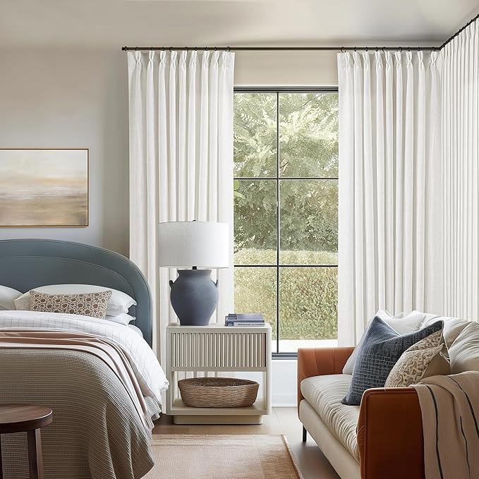 Beige White Pinch Pleated Linen Curtains 102 Inches Long 60 Inch Width Linen Blend Light Filtering Window Curtains 102 Inch for Living Room Bedroom Patio Pinch Pleat Drapes Hooks Rings 1 Panel 60x102