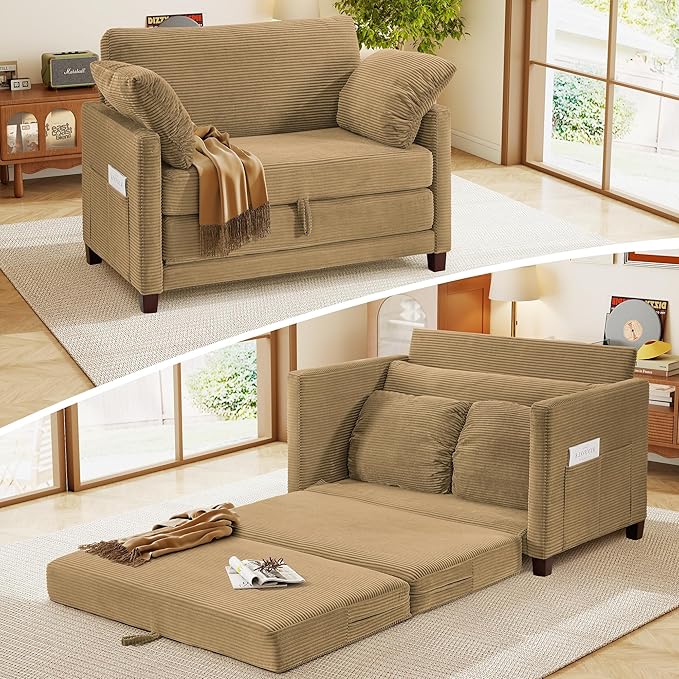 51" Loveseat Sleeper Sofa Bed, Corduroy Convertible Floor Sofa Bed for Small Spaces, Folding Couch Bed with Deep Seat, 2 Pillows & Solid Frame, Pull Out Floor Couch for Living Room, Brown