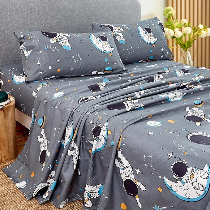 JSD Grey Astronaut Kids Sheet Set Full Size, 4 Piece Boys Space Adventure Printed Microfiber Sheets Deep Pocket