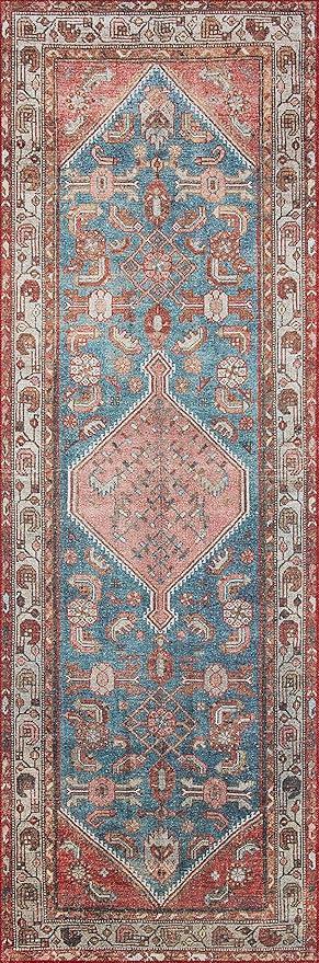 Loloi Layla Collection LAY-10 Marine/Clay 9'-0" x 12'-0" .13" Thick Area Rug, Soft, Durable, Vintage Inspired, Distressed, Low Pile, Non-Shedding, Easy Clean, Printed, Living Room Rug