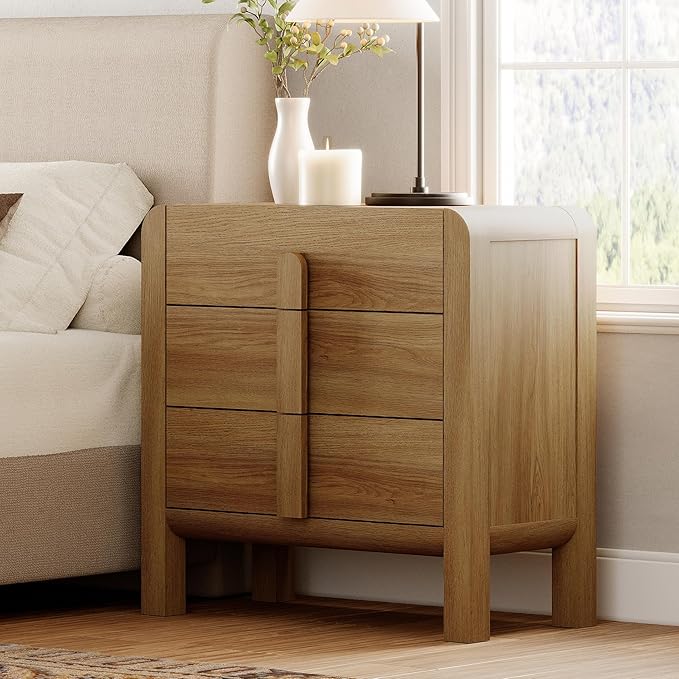 WAMPAT Modern 3 Drawer Nightstand, 31.5" Tall Nightstand with Large Chest of Drawers, Wooden Bedroom Dresser w/Curved Profile Design, End Table Bed Side Table for Bedroom, Living Room, Light Walnut