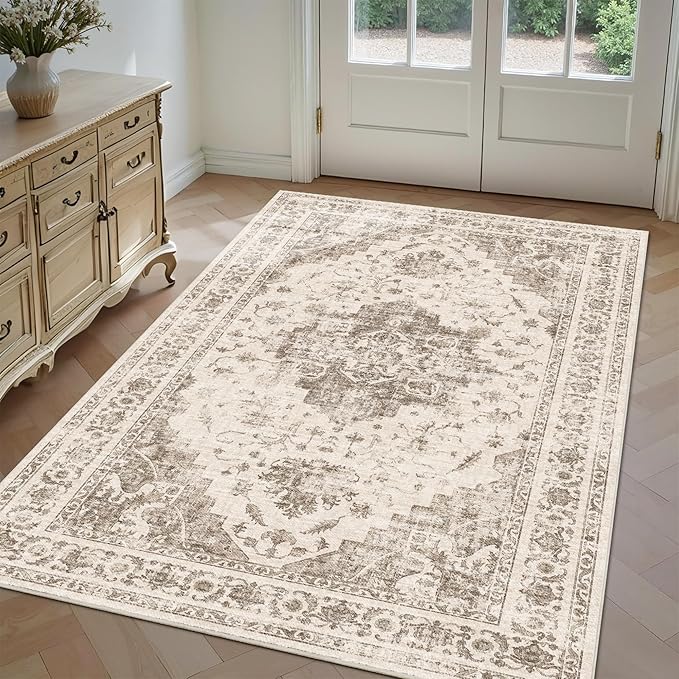 3x5 Vintage Washable Area Rugs Boho Medallion Large Distressed Retro Accent Carpet Floral Non-Slip Soft Low Pile Indoor Throw Rug for Living Room Bedroom Dining Room Office Kitchen, Taupe