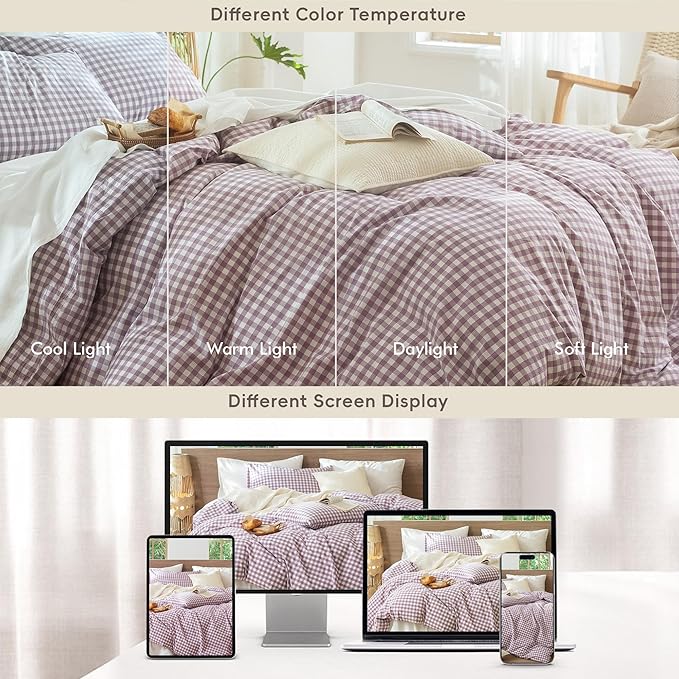 MooMee Gingham Duvet Cover Set 100% Washed Cotton Linen Like Textured Breathable Durable Soft Comfy Modern Checkered Design (Classic Gingham Light Purple, Palatial King/Oversized King 120"x98")