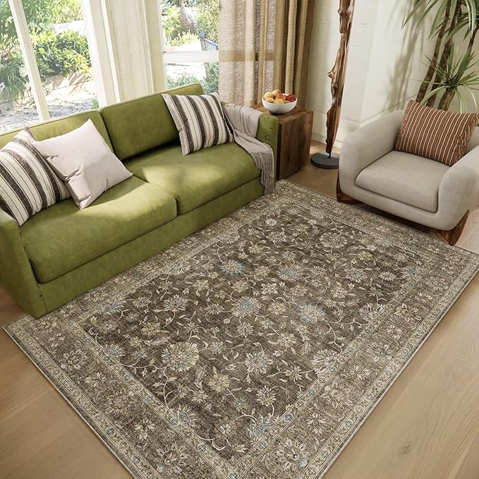 Washable 4x6 Rugs for Living Room, Boho Non-Slip Vintage Distress Small Rugs for Bedroom Nursery Office, 0.3" Neutral Oriental Throw Thin Carpet with Cushioning Pad, Tan/Flaxen/Multi
