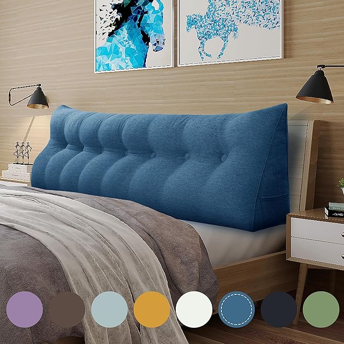 homecozy Wedge Headboard Pillow Dorm Room Reading Pillow Back Support for Sitting Up in Bed Bolster Lumbar Cushion Body Positioning Bedrest Cotton Linen 76in Blue King