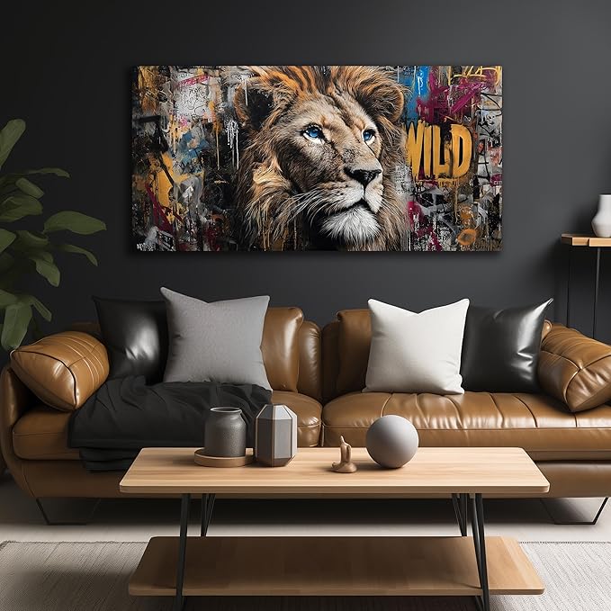 JuhaiArt Graffiti Wall Art Lion Picture Brown Wall Decor Animal Wall Art Canvas for Living Room Bedroom Home Office Prints Colorful Artwork 24" x 48"