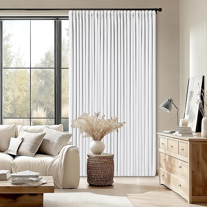 White Pinch Pleated Blackout Linen Curtains 120 Inches Long for Living Room Bedroom 2 Panels Room Darkening Thermal Insulated Neutral Pure White Farmhouse 100% Black Out Window Curtain Drape 120 Inch