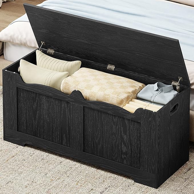 Hzuaneri 43.3" Storage Chest, Extra Large Storage Bench Trunk with 2 Hinges, Wooden Box, Lift-Top Chest Organizer, Shoe Bench for Entryway, Bedroom, Living Room, Black SB25504X