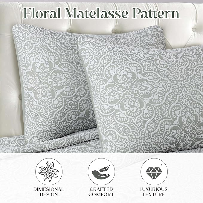 Superior 3 Piece Bedspread Set, Home Bed Decor, Decorative Bed Spread, 2 Pillow Shams, Medium Weight Blanket, Floral Matelasse Coverlet, Bedding Essentials, Enzy Collection, Queen, Sage