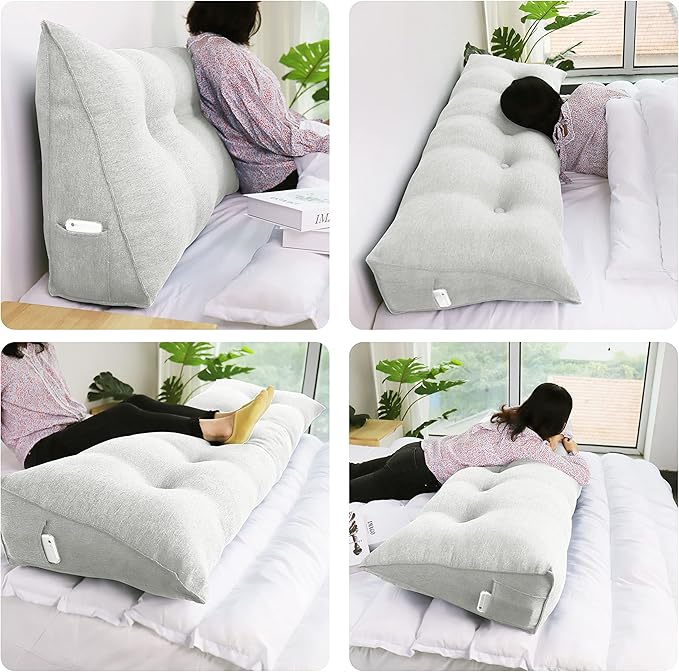 homecozy Wedge Headboard Pillow Dorm Room Reading Pillow Back Support for Sitting Up in Bed Bolster Lumbar Cushion Body Positioning Bedrest Cotton Linen 76in Grey-Beige King