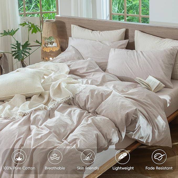 MooMee Striped Duvet Cover Set 100% Washed Cotton Linen Like Textured Breathable Durable Soft Comfy (Orange Pinstripes, Super Queen 90"x98")