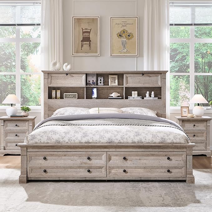 T4TREAM Farmhouse Queen Size Bed Frame with 54" Tall Storage Bookcase Headboard, Wood Platform Bed Frame with 18" Roman Column Decoration Footboard & 2 Drawers, No Box Spring Needed(Light Rustic Oak)