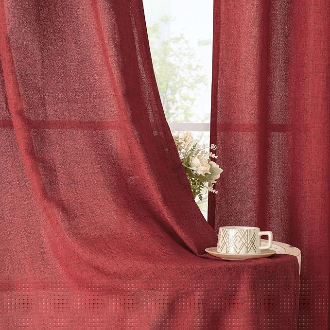 YoungsTex Red Linen Curtains 90 Inch Length for Living Room, Light Filtering Drapes with Bronze Grommet Privacy for Dining Bedroom Window, 52 x 90 Inch, 2 Panels