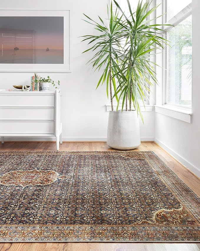 Loloi Layla Collection LAY-09 Cobalt Blue/Spice 5'-0" x 7'-6" .13" Thick Area Rug, Soft, Durable, Vintage Inspired, Distressed, Low Pile, Non-Shedding, Easy Clean, Printed, Living Room Rug
