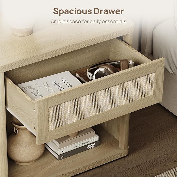 SICOTAS Night Stand 26" Wide Large Nightstands with Drawer & Shelf Storage Rattan Bedside Table Boho End Table Tall Bed Side Tables Night Stands for Bedroom Living Room Sofa Office Dorm, Sand Oak