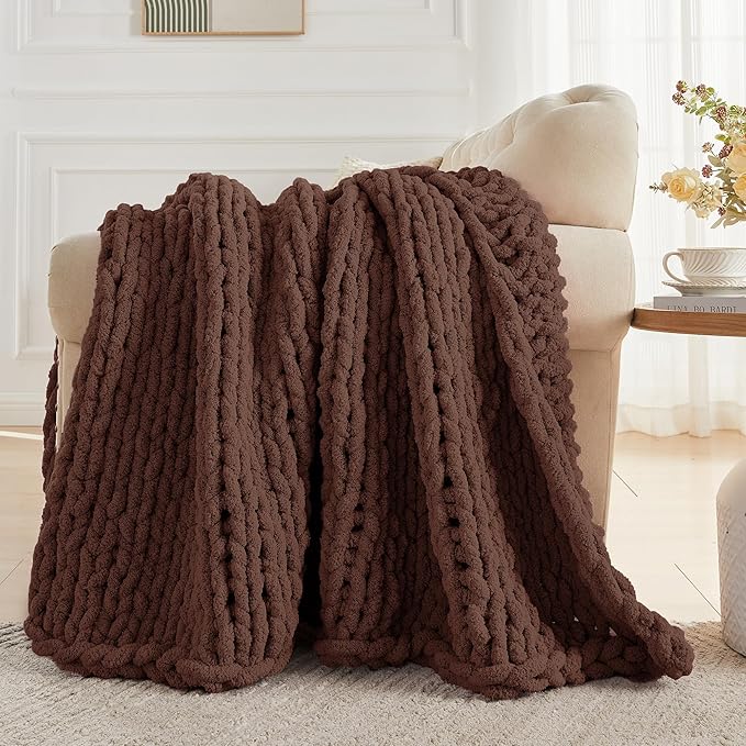Carriediosa Chunky Knit Throw Blanket 50" X 60", 100% Hand Made Large Chenille Loop Yarn Soft Fluffy Throws for Couch Sofa Bed, Big Crochet Cozy Heavy Thick Cable Woven Blanket, Cocoa Brown