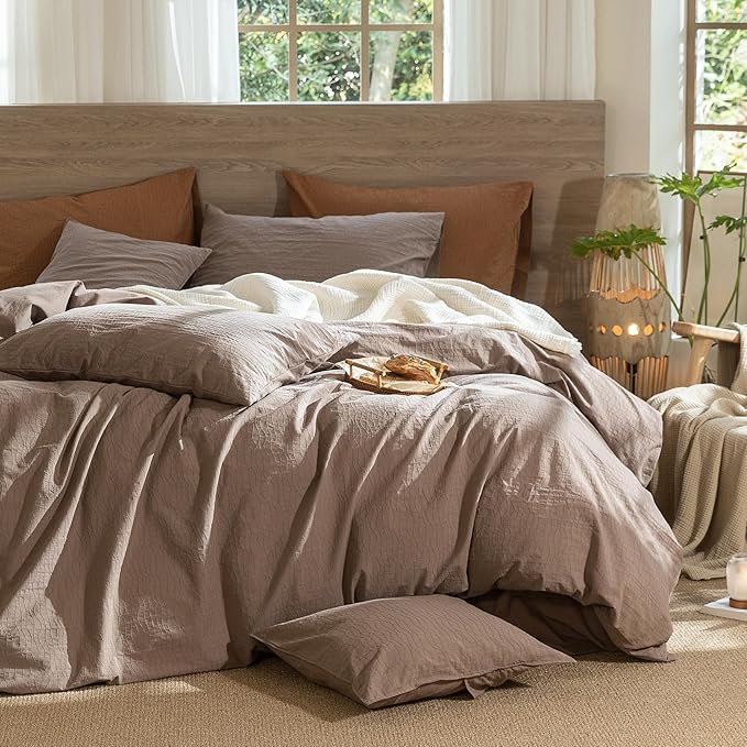 MooMee Wavy Striped Duvet Cover Set 100% Washed Cotton Linen Like Textured Breathable Durable Soft Comfy (Brown, King 104"x90")