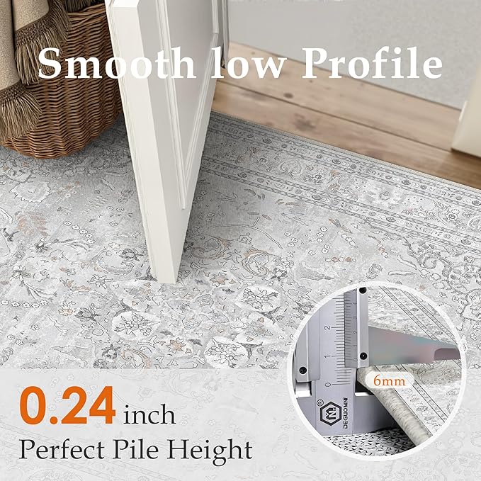 Grey 2x8 Runner Rug Washable Vintage Long Carpet for Hallway Kitchen Soft Retro Floral Low Pile Indoor Runner Non Slip Central Medallion Throw Rug for Bathroom Bedroom Laundry Dining Room