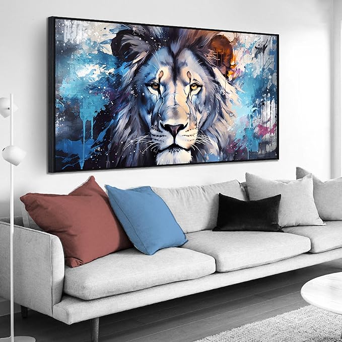 Lion Wall Art for Living Room, Animal Canvas Wall-Decor for Bedroom, Blue Picture Print, Large Size 59x29 Inches Framed