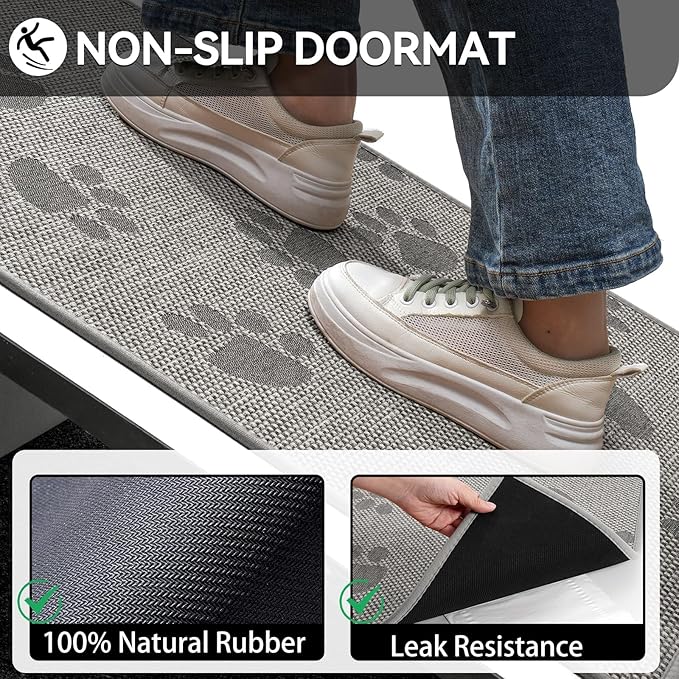 Door Mat Indoor Entrance 17"x30", 0.16" Thin Paw Print Low Pile Doormat, Non Slip Welcome Mat, Trap Dirt and Moisture, Easy Clean, Gray