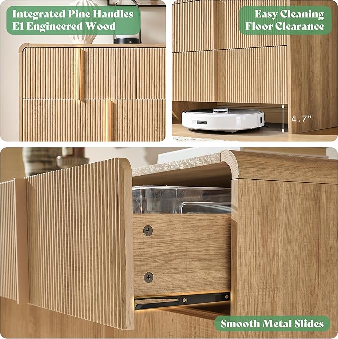 AMERLIFE 63" Fluted 7 Drawer Dresser, Wide Modern Chest of Storage Drawers with Pine Handles, Rounded Corners & Anti-Tip Design, Wood Closet Organizer for Bedroom, Living Room, Natural Oak