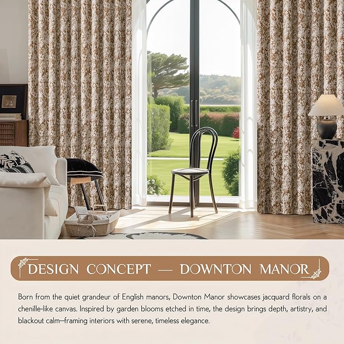 Beauoop Brown Floral Jacquard Blackout Curtains 96 Inches Long 2 Panels for Bedroom Living Room Chenille Flower Room Darkening Thermal Insulated Soundproof Grommet Window Treatments Drapes, 52x96