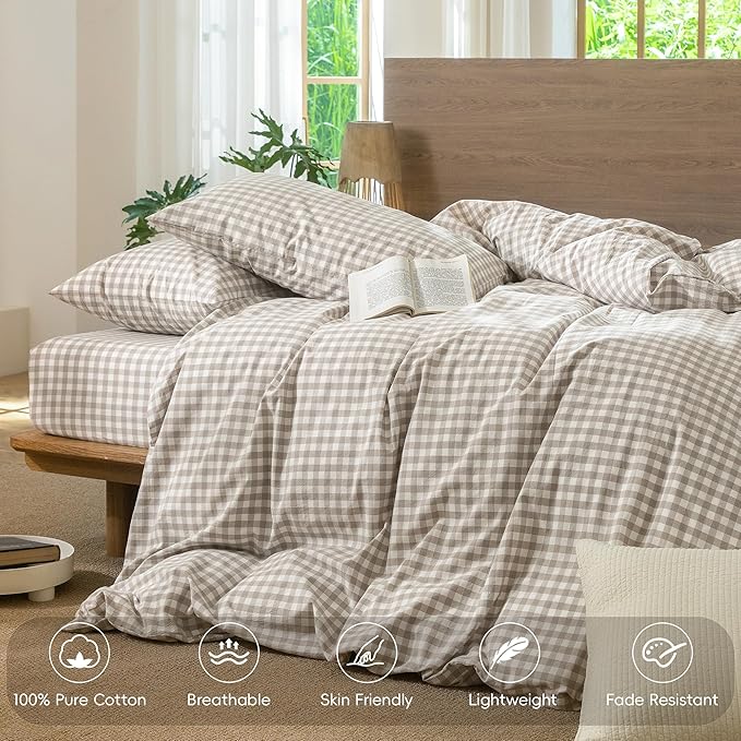 MooMee Gingham Duvet Cover Set 100% Washed Cotton Linen Like Textured Breathable Durable Soft Comfy Modern Checkered Design (Tannish Linen Grey Gingham, Super Queen 90"x98")