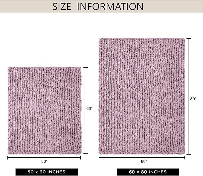 Chunky Knit Throw Blanket 50"X 60", 100% Handmade with Soft Chenille Yarn, 4.4lbs Thick Cable Knitted Blankets, Large Rope Knot Crochet Throws for Couch Sofa Bed Home Decor, Purple