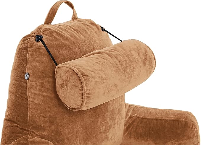 Husband Pillow XXL – Reading Pillow Bed Chair with Arms & Back Support – Tan - Back Pillow for Beds Sitting Up – Bed Rest Arm Pillow – Comfy Reading Pillow for Adults