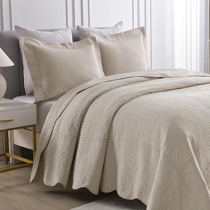 MarCielo 3-Piece 100% Cotton Oversized Bedspread Lightweight Quilt Coverlet Embroidery Farmhouse Bedding Set (TG Yellowish Beige, Oversized King (118"x106"))