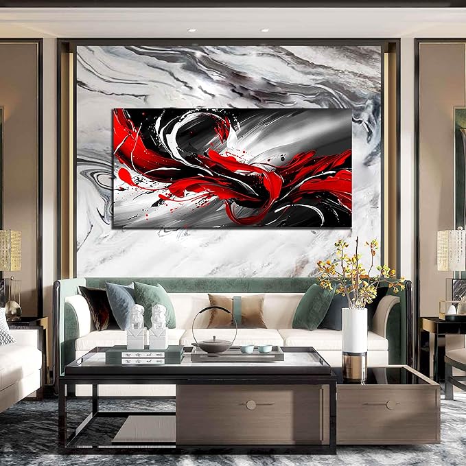 Black White and Red Abstract Print Picture Painting Large Canvas Wall Art for Living Room Bedroom Framed Canvas Wall Decor Modern Room Abstract Wall Decorations Artwork Size 24x48 Ready to Hang