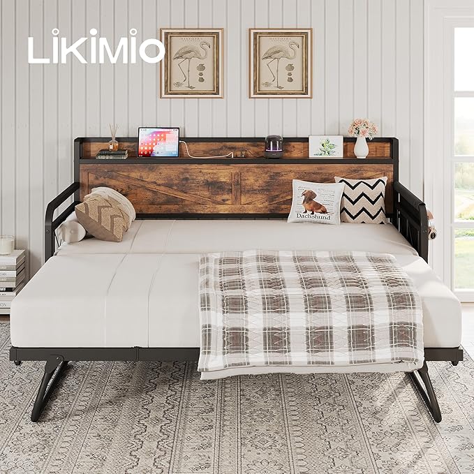 LIKIMIO Twin Daybed with Trundle Bed, Storage Headboard with Charging Station, Sofa Day Bed with Strong Supports for Living Room, Bedroom, and Guest Room, Industrial Brown