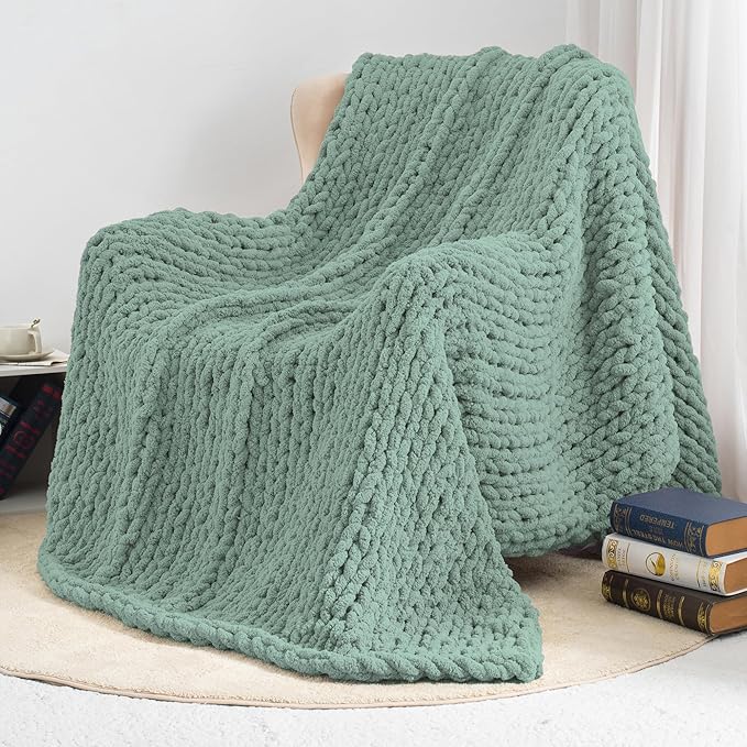 Chunky Knit Throw Blanket 60"X 80", 100% Handmade with Soft Chenille Yarn, 6.7lbs Thick Cable Knitted Blankets, Large Rope Knot Crochet Throws for Couch Sofa Bed Home Decor, Sage Green