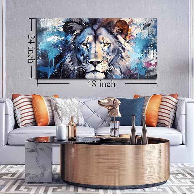 ENTANUB Lion Canvas Wall Art for Living Room, Blue Print Painting for Bedroom, Animal Picture Decor, Large Size 48x24 Inches
