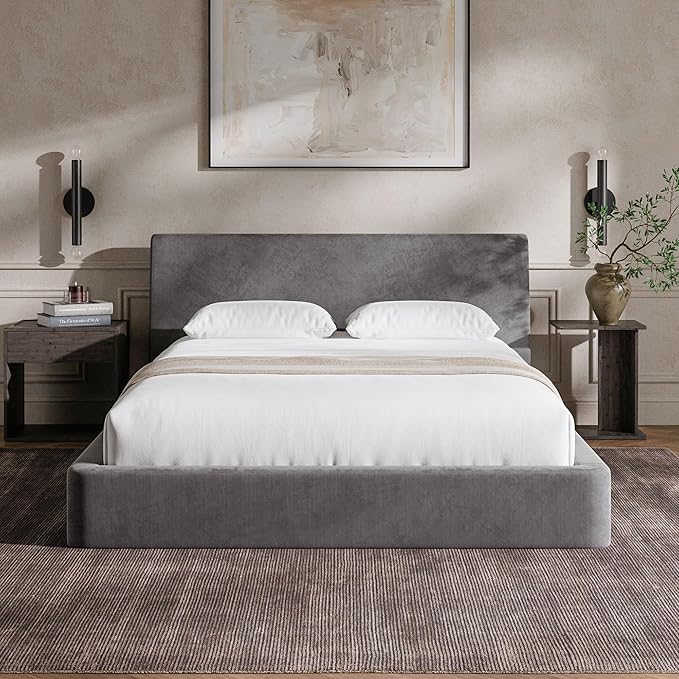RECCI Cloud Queen Bed Frame with Ergonomic Angled Foam Cushioned Headboard, Minimalist Design Platform Bed Frame, No Box Spring Needed, Easy Assembly (Moon Grey)