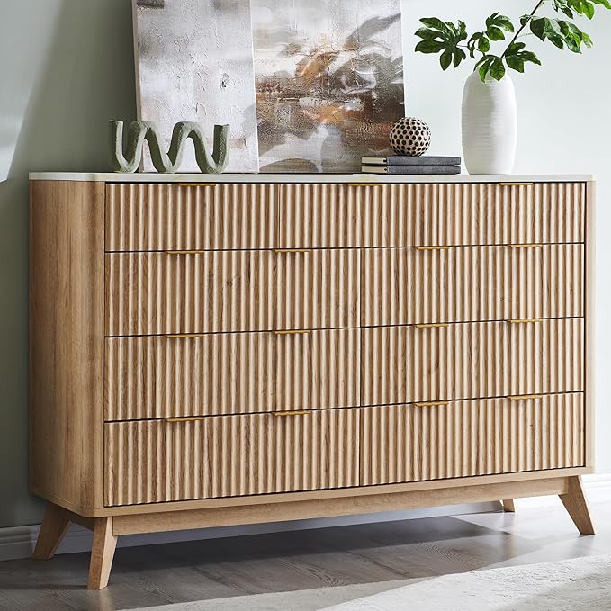 T4TREAM Fluted 9 Drawer Dresser, Modern Chest of Drawers with Faux Marble Top, Curved Profile Design, Dresser TV Stand, Wood Drawer Organizer for Bedroom, Living Room, Hallway, Natural Oak